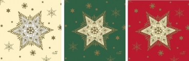 Weihnachtsserviette "Glittering Stars" - 3-lagig - 24 x 24 cm - 1/4-falz - 50 Stück/Paket - Fabe: creme, grün oder rot