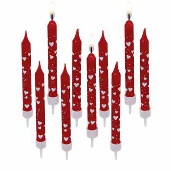 Geburtstagstortenkerzen "Herzen" rot mit weiß Herzdruck Länge: 7,5 cm 10 Kerzen mit Halter